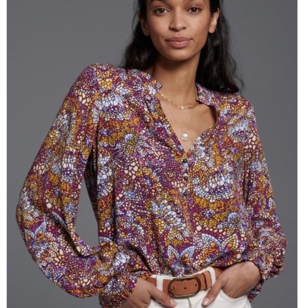 Anthropologie Maeve Colette Mosaic Kaleidoscope Peasant Blouse‎ Size XS A10